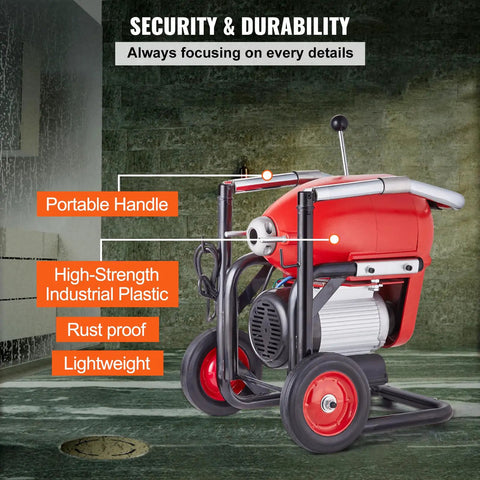 Heavy Duty Electric Sewer Snake Drain Cleaner Machine With 120 Ft Steel Cable And 1100 Watt Motor showing portable handle and durable construction.