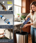 Woman emptying 4 In 1 Cordless Car Vacuum with 19500 Pa suction into trash can, showing dust cup and filter cleaning process.