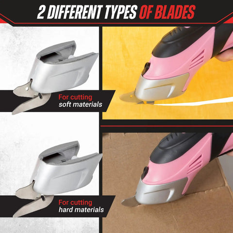 Handle Every Project Task Without Breaking A Sweat With These Cordless Electric Scissors showcasing dual blades for fabric and cardboard cutting.