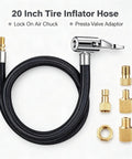 20 Inch Tire Inflator Hose With Lock Air Chuck Convert Nuts Presta Adaptor For Air Comp Schrader Converts To Lock Connection Easy Access Tight Wheel Wells Flexible Nylon Wrap Design Better Grip No Leaks Fixing Tires Fast Saving Bucks At Stations Always, black braided hose with metal air chuck and brass adapters