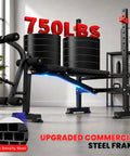 All-In-One Adjustable Weight Bench With Leg Extension And Curl, showing commercial steel frame and 750 lbs weight capacity