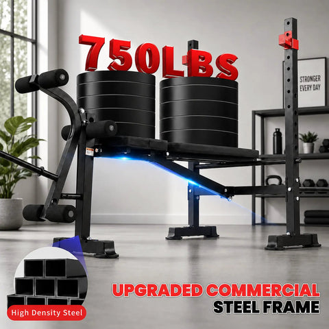 All-In-One Adjustable Weight Bench With Leg Extension And Curl, showing commercial steel frame and 750 lbs weight capacity