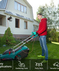 Man mowing lawn with extension cord under Porch Light With GFCI Outlet and Dusk to Dawn Motion Sensor, Outdoor Lights With 3 Modes.