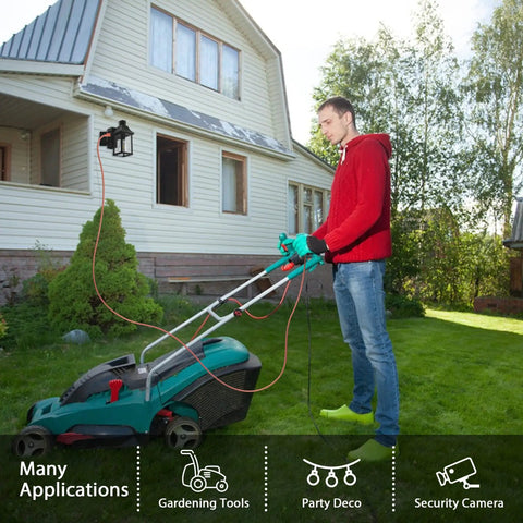 Man mowing lawn with extension cord under Porch Light With GFCI Outlet and Dusk to Dawn Motion Sensor, Outdoor Lights With 3 Modes.