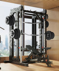 Olympic Curl Bar Weight Set With Six Plates And Bar Clamps For Lifts 55Lb Home Gym setup in modern exercise room.