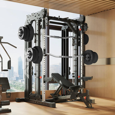 Olympic Curl Bar Weight Set With Six Plates And Bar Clamps For Lifts 55Lb Home Gym setup in modern exercise room.