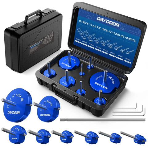 8 Piece PVC Pipe Reamer Kit With Four Sided Carbide Blades Fitting Saver Socket Tool For Half Inch To Four Inch Schedules 40 PVC CPVC ABS