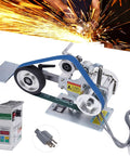 550W Brushless Desktop Belt Sander With Dang Solid Steel Construction and Easy Horizontal Or Vertical Swaps For Grinding Sanding Polishing Wood Metal Plastic Shop Gigs Crushed Effortlessly Daily, featuring a blue sanding belt and adjustable speed control.