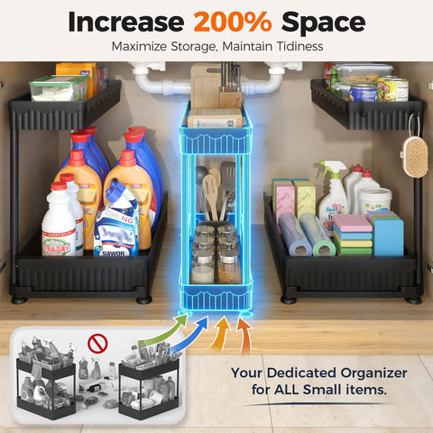 Image of 3 Pack L Shaped Under Sink Organizers With Real Smooth Glide Drawers for clutter-free kitchen storage.