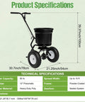 50Lb Capacity Walk Behind Fertilizer Spreader with 12 inch wheels for lawn care and adjustable flow control, technical specifications shown