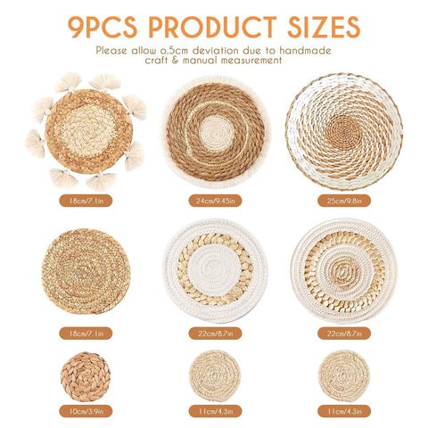 Nine Piece Boho Wall Basket Set Made From Seagrass And Rattan Round Handmade Hanging Baskets size chart with measurements