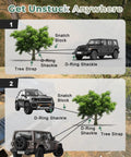 Offroad Recovery Kit With 10 Ton Snatch Block, Tree Saver, D Ring And Storage Bag To Help You Recover A Stuck Vehicle, diagram with Jeep and tree