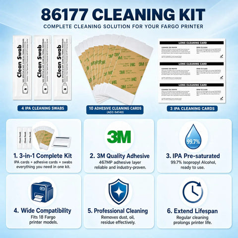 Keep Your Card Printer Running Smooth With This Top Shelf Cleaning Kit Featuring Essential IPA And Adhesive Cards Plus Heavy Duty Printhead Swabs For Hassle Free Id Printer Maintenance That Always Hits The Spot, includes cleaning swabs and cards.