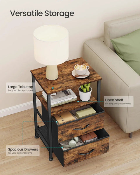 Top Tier Modern Nightstand With Two Spacious Drawers Sleek Steel And Wood Blend For Extra Bedroom Storage Durable Polyester Fabric Finish Super Handy End Table To Chill By Your Bed Total Home Vibe Upgrade showing large tabletop, open shelf, and spacious drawers.