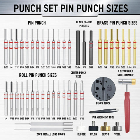 Pin Punch Set 40 Piece Steel And Brass With Hammer And Bench Block For Mechanical Repair Workhorse Tool Kit Display
