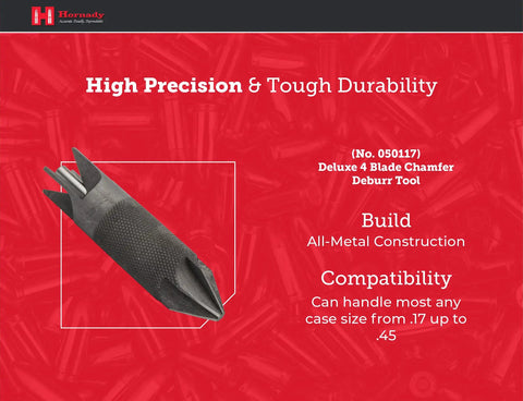 Hornady Deluxe 4-Blade Chamfer And Deburring Tool Double Ended Case Prep Reloading Gear with all-metal construction for precise chamfering.