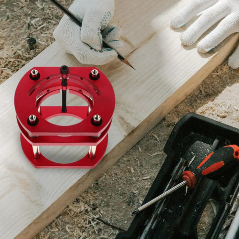 Getajghsd Iron Router Table Lifting System Base for Precision Slotting, red metal base on wood, used for milling work.