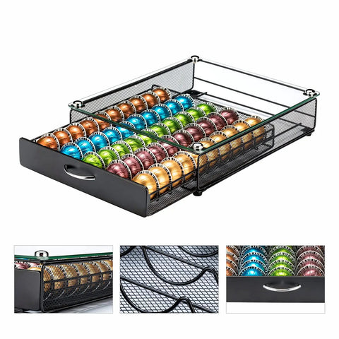 Neat And Tidy 50 Pod Vertuo Capsule Holder with Crystal Tempered Glass Top for Nespresso Vertuo Pods neatly stacked in organizer