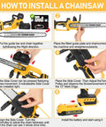 Illustrated guide for installing Cordless 12 Inch Mini Chainsaw Tool Only For 20V Max Batteries, showing steps and tools needed.