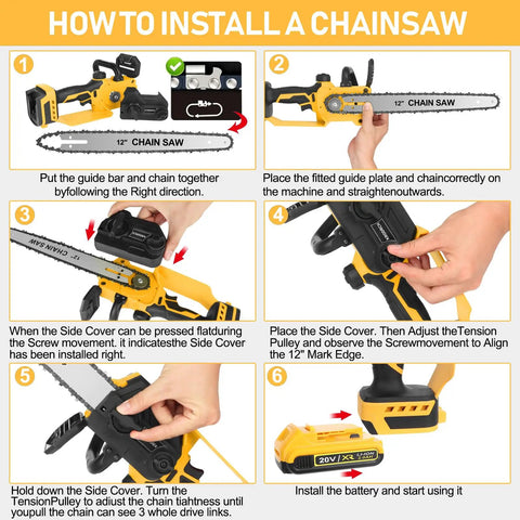 Illustrated guide for installing Cordless 12 Inch Mini Chainsaw Tool Only For 20V Max Batteries, showing steps and tools needed.