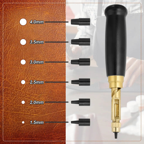 Slick Adjustable Leather Hole Punch Tool Kit With Six Sweet Interchangeable Bits For Knockout Precision In DIY Crafting Sewing And Leatherwork Projects Black showing bit sizes 1.5mm to 4mm.