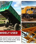 12V DC Double Acting Hydraulic Pump Power Unit With 6 Quart Tank For Lifting And Lowering Dump Trailers And Trucks, 0.91 GPM Flow, 16 To 20 MPa Pressure, 2600 RPM, Heavy Duty Build shown in applications such as dump trailers and lifting platforms.