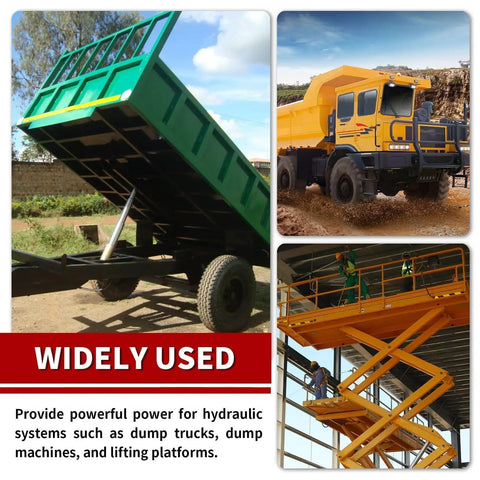 12V DC Double Acting Hydraulic Pump Power Unit With 6 Quart Tank For Lifting And Lowering Dump Trailers And Trucks, 0.91 GPM Flow, 16 To 20 MPa Pressure, 2600 RPM, Heavy Duty Build shown in applications such as dump trailers and lifting platforms.