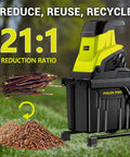 Electric Wood Chipper Shredder With Fifteen Amp Motor And One Point Eight Inch Cutting Diameter Portable Wheels 50 Liter Collection Bin