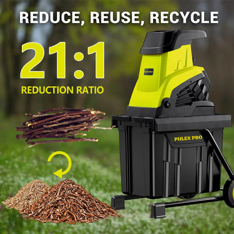 Electric Wood Chipper Shredder With Fifteen Amp Motor And One Point Eight Inch Cutting Diameter Portable Wheels 50 Liter Collection Bin