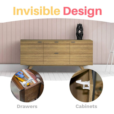 16 Pack Cabinet Locks Standard Length With 3M Adhesive No Drilling No Tools Required Child Safety Latches For Baby Proofing Cabinets And Drawers Keeps Curious Kids From Opening Doors While Preserving A Sleek Home Look And Easy Installation on beige wooden cabinet