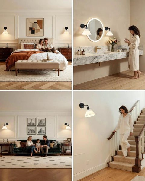 HOJOYRI Black Recharge Battery Operated Wall Sconces Set of Two with Remote styled in various home settings.