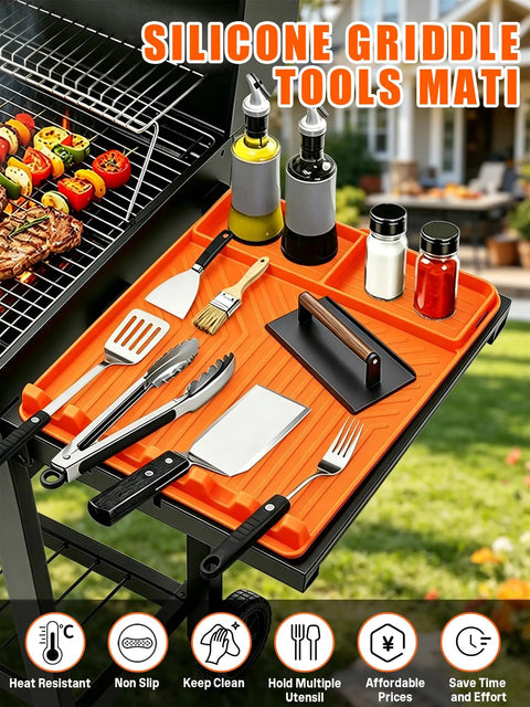 Orange rollable silicone grill mat for griddle tools and BBQ accessories with utensils on non-slip side shelf organizer
