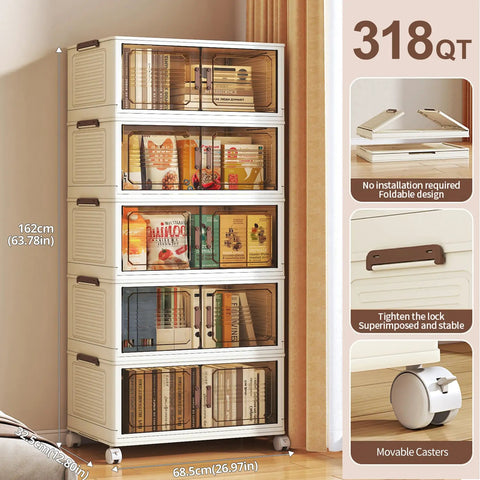 Front view of extra large lockable stackable storage bins with lids on wheels, 5-tier collapsible plastic organizer for closets.