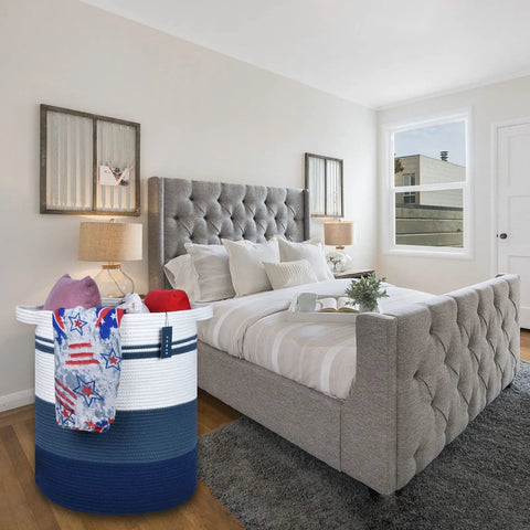Oversized Cotton Rope Laundry Hamper Tall Stand Up Basket For Nursery Storage For Moms And Dads Toys Clothes Towels Gradient Blue Safe Chemical Free Material Sturdy Woven Design That Stands Up On Its Own in a bedroom setting