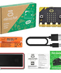 Microbit V2 Go Kit For Beginners With Built In LEDs And Sensors, Includes USB Cable And Battery Holder, Bluetooth Wireless, Compass, Radio, Temperature And Light Sensor For Dope Coding Projects. micro:bit V2 kit with board, cable, battery pack, and guide