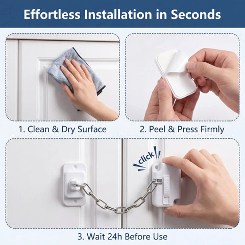 Installation of Child Proof Door Lock And Cat Door Latch, Adjustable Door Strap for Kids Safety, No Drill Adhesive.