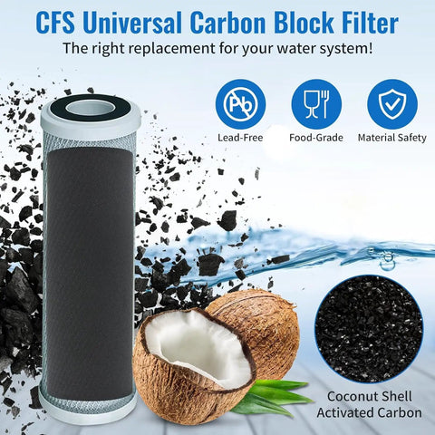 10 Inch Carbon Block Water Filter Cartridges Compatible With Camco 40621 Models next to coconut shell and activated carbon