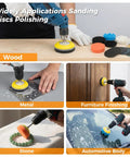 All In One 226 Piece 3 Inch Sanding Disc Kit in use on wood, metal, furniture, stone, and car surfaces with drill attachment.