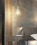 Two Pack Pendant Lights With 6.5 Inch Hand Blown Seeded Glass And Brushed Nickel Finish above modern bedroom nightstand