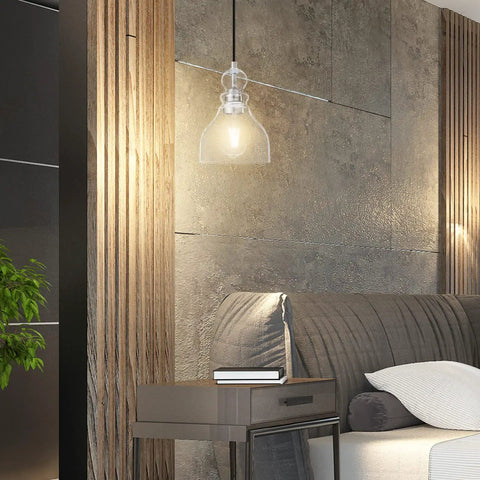 Two Pack Pendant Lights With 6.5 Inch Hand Blown Seeded Glass And Brushed Nickel Finish above modern bedroom nightstand
