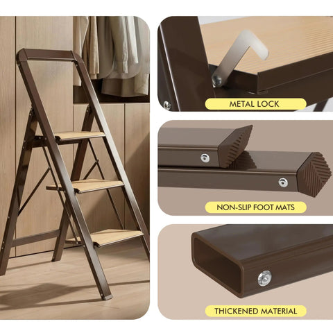 3 Step Folding Aluminum Ladder For Home Use 450 Pound Capacity Lightweight Yet Ridiculously Sturdy Open And Store With Ease Perfect For Indoor Or Outdoor Jobs Sturdy Metal Frame With Non Slip Feet, 3-step brown metal ladder in home interior