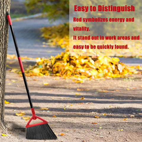 Kick Up Dust Heavy Duty Angle Broom With Rust Resistant Handle and Split End Bristles For Indoor Outdoor Cleaning in red by a tree.