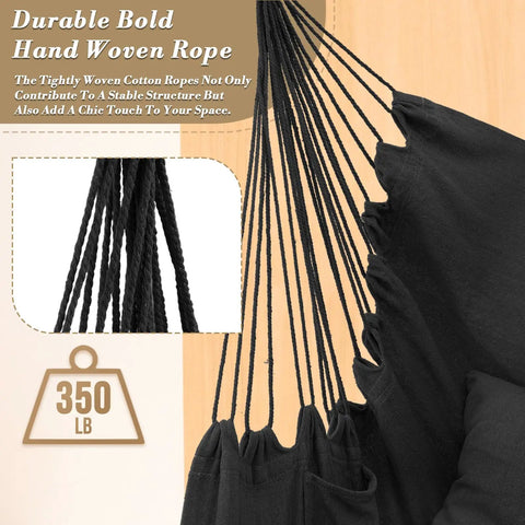 Close-up of Chill Macrame Hammock Chair ropes with woven texture and black fabric showing strength and style for indoor outdoor use.