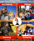 Collage featuring a portable propane heater in use during ice fishing, hiking, hunting, and camping in winter outdoors.