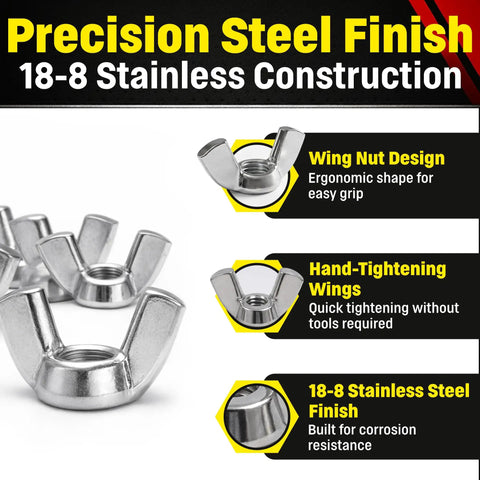 Stainless Wing Nuts 8-32 Machine Thread, 18-8 Stainless Steel, Rust Resistant Hardware for Indoor and Outdoor Use displayed