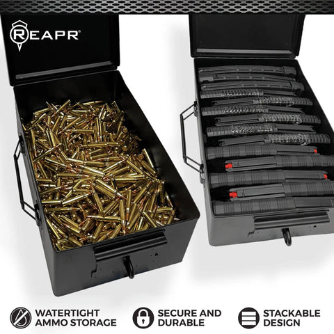Beefy Heavy Duty Locking Ammo Can Storage Box Airtight And Watertight Steel Case filled with ammo and magazines