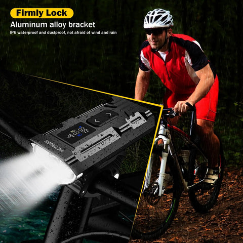 Cyclist on MTB bike using 9000 Lumen Bike Headlight With High And Low Beams For Night Riding Ultra Bright Waterproof Bicycle Light