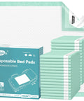 Ultra Thick Disposable Bed Pads With Rock Solid Adhesive Strips 30 X 36 Inches 50 Count stacked with a green package and loose pad.
