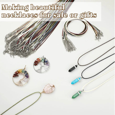 100 Piece Waxed Leather Necklace Cords With Clasps, Bulk Jewelry Making String Ropes, 20 Inch, various earth tone colors with pendants