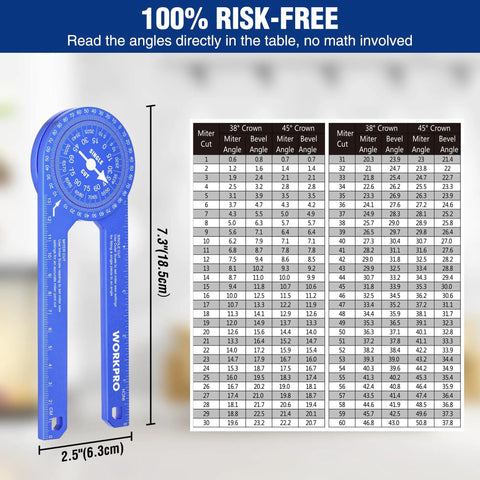 7.3 Inch Aluminum Miter Bevel Gauge Precision Angle Finder With Laser Etched Dual Scales For Crown Molding Carpentry Trim Work, showing angle table.